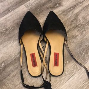 Black mule sandals with buckle. Faux suede